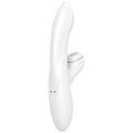 Angled/Back view showing magnetic charging connections. The Satisfyer Pro + G-Spot Rabbit uses non-contact pressure-wave technology to provide feelings of suction and pulsations, similar to the sensations you feel during oral sex. The flexible, elegantly curved shaft clings skillfully to your curves and seeks your G-spot. The Satisfyer Pro + G-spot Rabbit has 11 different pressure wave intensity settings, made up of 3 intensities and 7 rhythms. The Pro + G-Spot is waterproof and USB rechargeable.