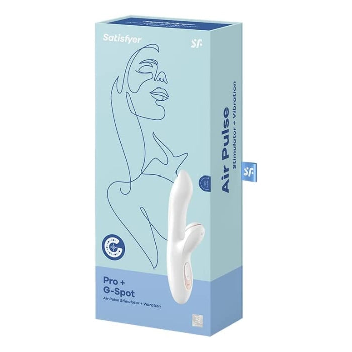 Box - The Satisfyer Pro + G-Spot Rabbit uses non-contact pressure-wave technology to provide feelings of suction and pulsations, similar to the sensations you feel during oral sex. The flexible, elegantly curved shaft clings skillfully to your curves and seeks your G-spot. The Satisfyer Pro + G-spot Rabbit has 11 different pressure wave intensity settings, made up of 3 intensities and 7 rhythms. The Pro + G-Spot is waterproof and USB rechargeable.