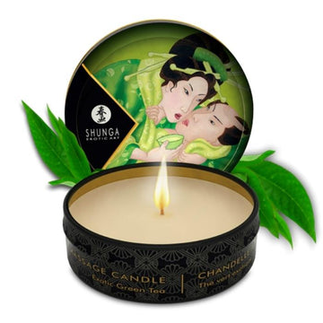 Shunga Body candles made with soy butter. This deliciously strong scented Green Tea candle is the perfect way to spoil your partner with endless body massages. Leaves skin soft and silky and can be used all over the body. Perfect travel size.