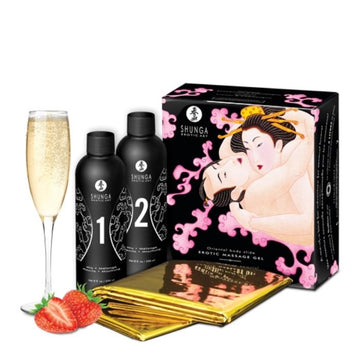 Shunga Secret Collection Strawberry Wine Massage Gel contains 2 bottles which are mixed together to prepare up to 4 liters of massage gel. Lay the provided, golden sheet down for a whole new massage experience. DDI