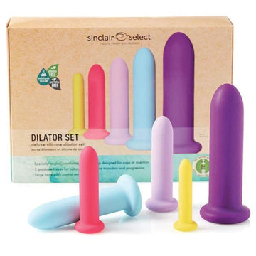 From Sinclair Institute comes the Deluxe Vaginal Dilator Set. Vaginal dilators can help improve elasticity, expand the vagina's width and depth, and make sex more comfortable. This dilator set's high-quality, skin-like silicone glides easily and warms to body temperature on contact. The specially tapered dilator tips are designed for smooth, easy insertion. 5 graduated sizes allow for effective progression and dilation with minimal discomfort. The dilators' flared bases add control and leverage.