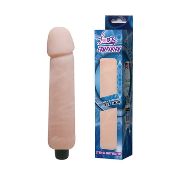 Realistic dildo vibrator in flesh color with packaging, represents pure masculinity