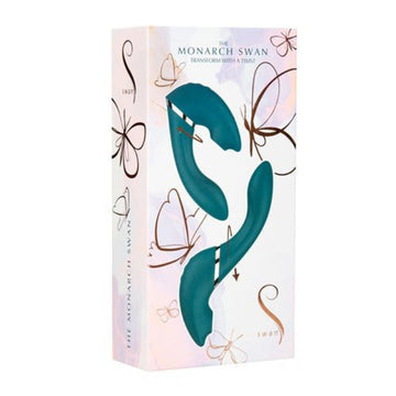 The Monarch Swan! At one end is a classic vibrating wand with 5 different vibration functions including 3 speeds and 2 patterns. The sleek, sexy curved body and bulbous tip is expertly designed to hit the G-Spot. At the other end is a clitoral stimulator that features both air suction and a fluttering tongue, each with 5 functions of their own. Each function is controlled separately by the easy press buttons. Waterproof and USB rechargeable.