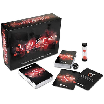 A fun game for lovers ensuring exciting encounters and romantic inspirations. With 90 innovative ideas, sexy suggestions and adventurous activities, "You & Me" is a game where the taking part is almost as good as winning. Includes: 45 forfeit cards, 4 "special cards, 1 joker card for each player, 1 die, 1 sand timer.