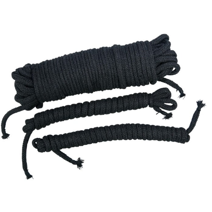 This set comes with three plaited bondage ropes that are made from 100% cotton to insure comfort no matter the level of expertise. The cotton ropes remain firm but are gentle on the skin. Couples that are new to rope play can still enjoy learning and experiencing bondage with these ropes. The more experienced couples will enjoy all the variations and positions they can apply with this durable and versatile set. Length: 1 x 20m and 2x 3m.