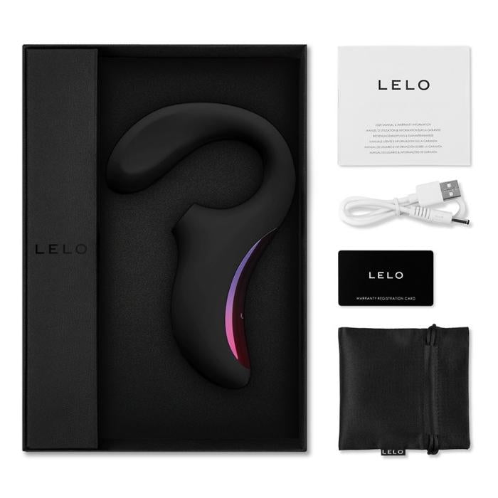 ENIGMA™ Cruise comes with a manual, Lelo water based lube 5ml sachet, charging cord, satin storage pouch and Lelo warranty card.