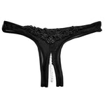 This panty is designed to make you feel both elegant and seductive, with a combination of soft, stretchy mesh fabric and intricate appliqué detailing. The open front design adds a touch of daringness to the panty, while the pearl string enhances the sensual look and feel. One size fits most.