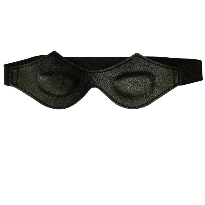 Black leather-like eye mask with elasticated headband.