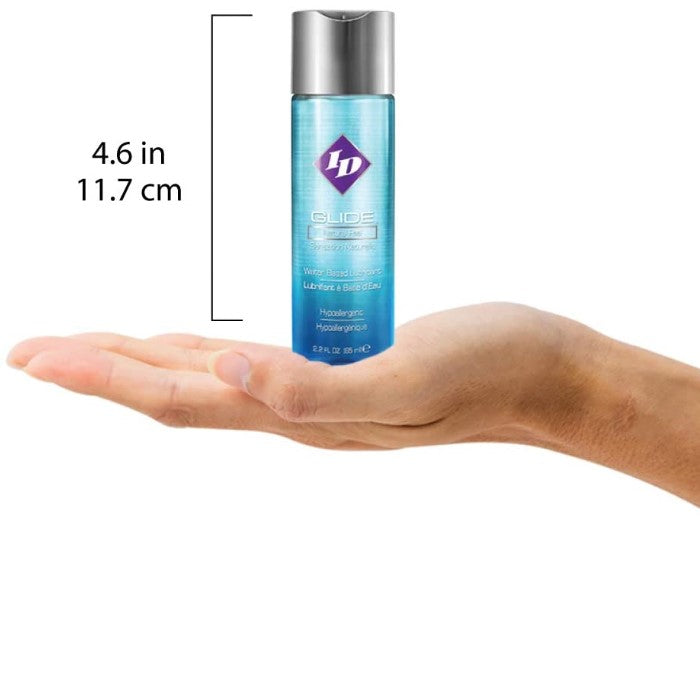 ID Glide is one of our most popular lubricants, provides you with all the moisture you could ask for in a water-based lubricant! Use it during intimate moments between you and your partner for an exceptional sensual experience. ID Glide is condom compatible. Safe to use with your adult toys and highly recommended. Non staining. FDA approved. 65ml