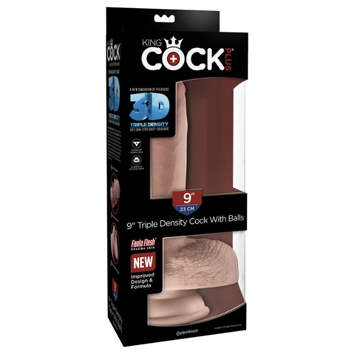 King Cock 9 inch Dildo with scrotum. Improved design. Realistic Dildo. Soft on the outside and stiff on the inside.
