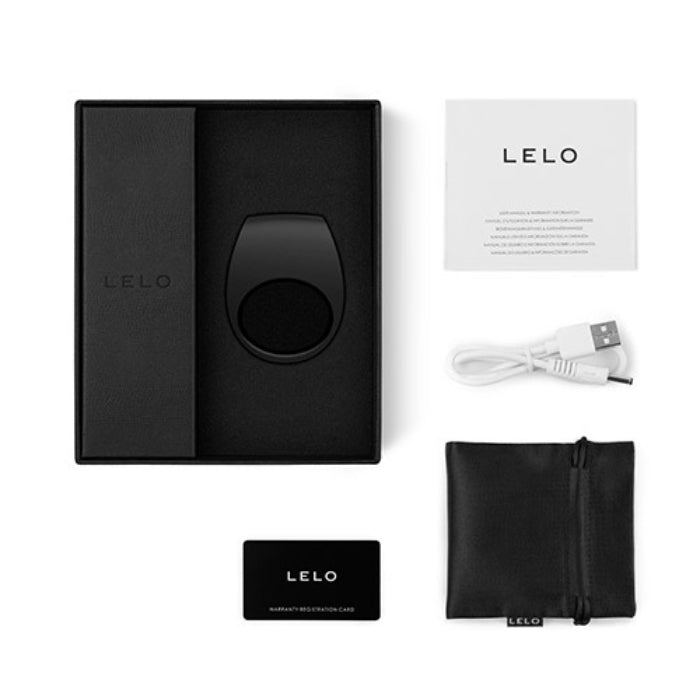 Black Lelo Tor 2 comes with a manual, charging cord, satin storage pouch and Lelo warranty card.