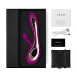 Deep Rose Lelo Soraya 2 comes with a manual, charging cord, satin storage pouch and Lelo warranty card.