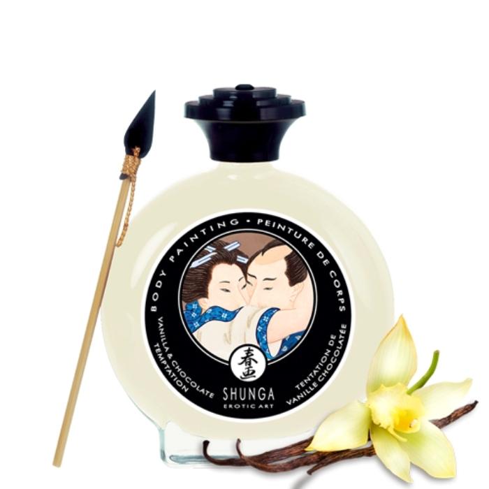 Shunga Body Paint - Vanilla (100ml) .Inspired by Japanese erotic paintings from the 16th - 18th century, this delicious Shunga Aphrodisiac Vanilla Edible body paint allows you to unleash your creativity and ravish your partner s body in the most sensual ways imaginable. It tastes exquisite. Comes with a unique application brush. Experiment with the body paint to make foreplay more exciting and passionate each time you make love. 