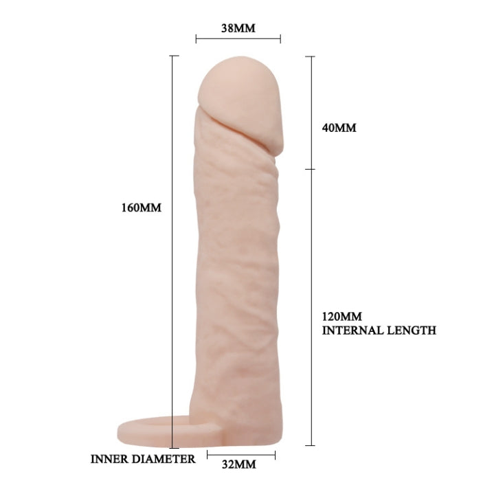This penis extender is a thick, looks and feels huge. From its knobby, engorged head, past some folds and along it's veiny textures, you're in for some big tool action with stretchy sleeve that fits snugly around your shaft. This lifelike material is firm, yet squeezable, just like the real thing.