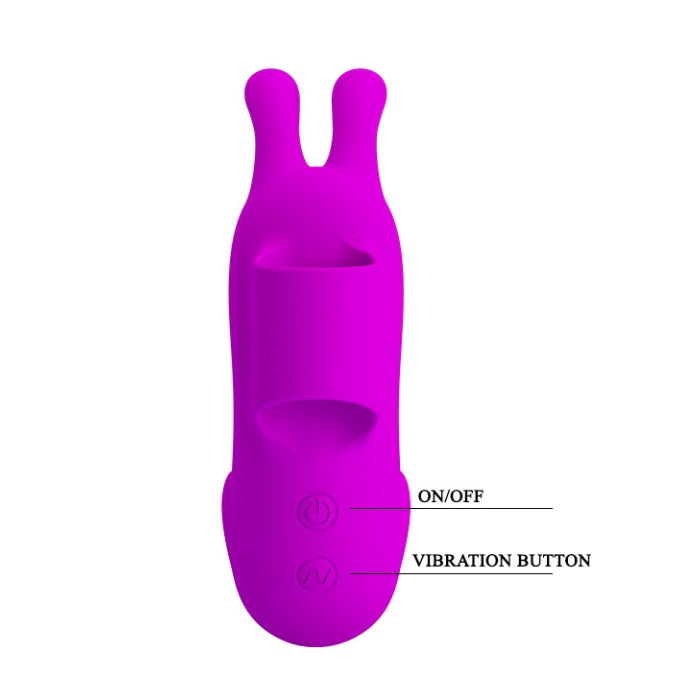 Rechargeable, silicone finger sleeve with rabbit ears. This small, portable and easy to use finger sleeve has 7 different vibration functions and a memory function. USB supported.