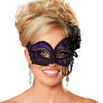 This gorgeous purple mask features intricate embroidery detailing around the edges that adds an element of elegance and sophistication to the overall design. The mask is adorned with beautiful diamante details over the top of the eyes, which adds a sparkle to your look. Beads hanging from the bottom of the mask create a subtle movement that adds to the allure of the design. The mask also features a mesh and satin bow detail that adds a touch of femininity to the overall look. One size fits most.