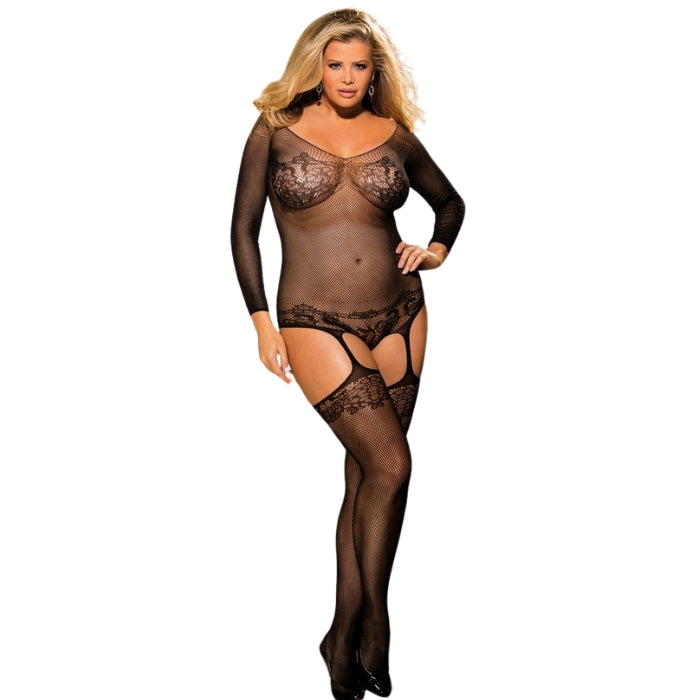 Long Sleeve Micro Fishnet and Lace Bodystocking! This stunning lingerie piece is designed to accentuate your curves and make you feel confident and empowered. The bodystocking is made in a teddy design with a thong back, creating a flattering and feminine silhouette. The long sleeves add an extra layer of sophistication and elegance, while the micro fishnet and lace material create a daring and edgy vibe. The built-in suspenders and stockings add an extra layer of sexiness.