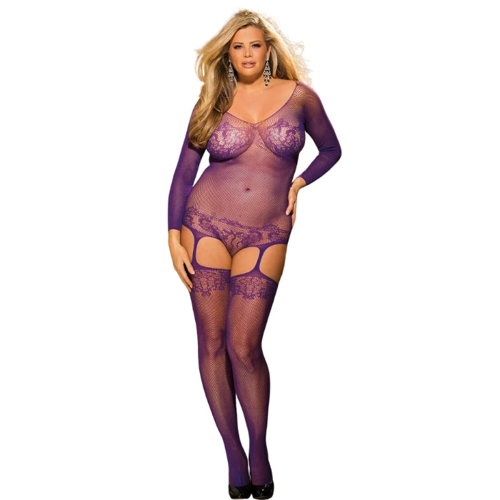 The bodystocking is made in a teddy design with a thong back, creating a flattering and feminine silhouette. The long sleeves add an extra layer of sophistication and elegance, while the micro fishnet and lace material create a daring and edgy vibe. The built-in suspenders and stockings add an extra layer of sexiness, making this piece perfect for a special night with your partner. Queen size for figures above 70kg.