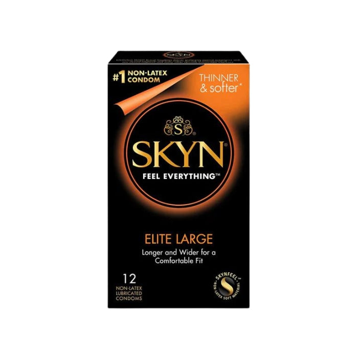 SKYN Elite Large are made with non-latex material that feels soft and natural. Thinner than SKYN Original condoms, as well as longer and wider for more comfort. Pack of 12