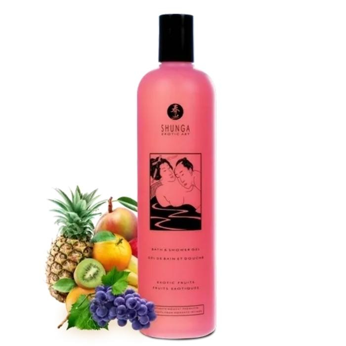 Shunga Sensual Bath/Shower Gel - Exotic Fruit (500ml). The ritual of water and loving caresses is combined in harmony with this bath gel based on vegetable oils and vitamin E. Its delicate flavor stimulates the senses and allows kisses to be exchanged all over the body without the aftertaste.  This gel is so gentle it's perfect for sensitive skin and women prone to vaginal infections.