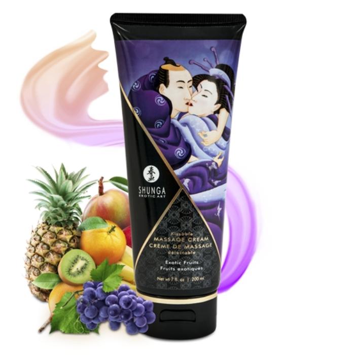 Arouse your senses to this rich and delicious Exotic Fruit flavour Shunga Kissable Massage Cream. The cream is thick and smoothm, non greasy and feels gorgeous on the skin. It's incredibly touchable, kissable, lickable, and completely edible! Easy to apply and gives your skin a long lasting freshness and a delicious smell. 200ml, available in 5 other flavours.