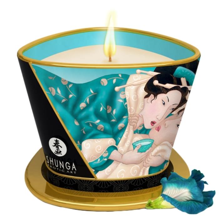 Shunga Candle - Island Blossoms (170ml). Shunga Body candles made with soy butter. This deliciously strong scented Island Blossoms candle is the perfect way to spoil your partner with endless body massages. Leaves skin soft and silky and can be used all over the body. available in 6 other scents.