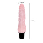 This 7 inches in length dildo is soft, flesh-like texture that warms to the body, penis shaped head and slightly veined shaft with multi-speed vibrations from low to high for adequate satisfaction. Takes 2 triple A batteries.