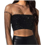 Introducing our Long Sleeve Fishnet Top with Rhinestones, the epitome of sexy sophistication. This alluring top combines the classic allure of fishnet fabric with a touch of glamour through rhinestone embellishments. Whether you're stepping out for a night on the town or preparing for an intimate encounter, this long sleeve top will have you feeling irresistible and confident. Elevate your wardrobe with this seductive and stylish addition. Bra not included.