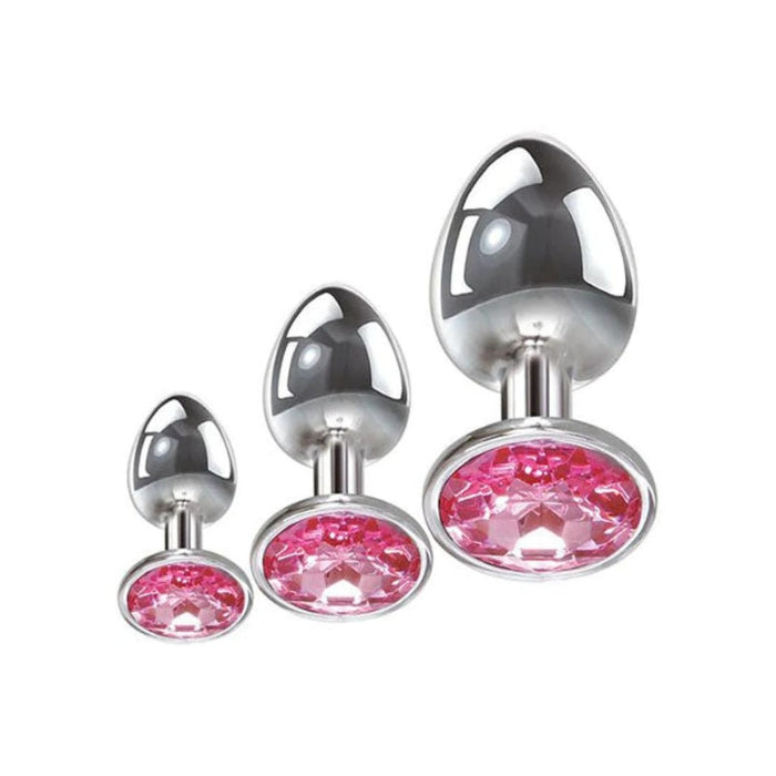 Anal play has never been a prettier sight with these gorgeous jeweled, aluminum anal plugs. This set of three anal plugs are graduated for easy anal training. Each plug is bulbous in form with a tapered tip to ensures an easy introduction, while the broad aluminum bulb fills and satisfies. Great for beginners and experienced users.  Small butt plug measures 7cm long and 2.8cm wide. Medium butt plug measures 9cm long and 3.4cm wide. Large butt plug measures 9cm long and 4cm in wide.