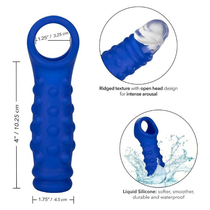 Admiral Liquid Silicone Beaded Extension. Length 10.25cmx 4.5cm at the tip and 3.25cm diameter by scrotum sling. Ridged texture with open head design for intense arousal. Made of liquid silicone which is softer, smoother and more durable as well as waterproof.