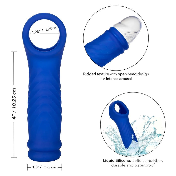 Admiral Liquid Silicone Wave Extension. Length 10.25cm by 3.75cm at the tip and 3.25cm diameter by the sling. Ridged texture with open headed design for intense arousal. Made from Liquid silicone which makes it softer, smoother and durable as well as waterproof.
