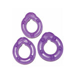 A set of three 100 percent silicone cock rings of vary sizes that is designed for longer and harder erections. Use it all at once or work your way up from small to large. Circumference of each ring: 1.625 inches, 1.5 inches, 1.375 inches. Use it all once or as a penis trainer. Waterproof, non-vibrating rings.