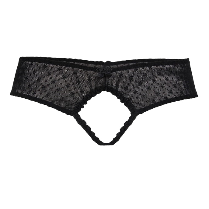 Sexy Imported Lingerie. Beautifully soft lacy pieces. Feel sensual and comfortable wearing this gorgeous open front panty. The Kitten crotchless panty is sure to bring out your playful side with its tiny bow and frilly opening that ventures all the way to the back. Available in black or white. Size 2XLarge