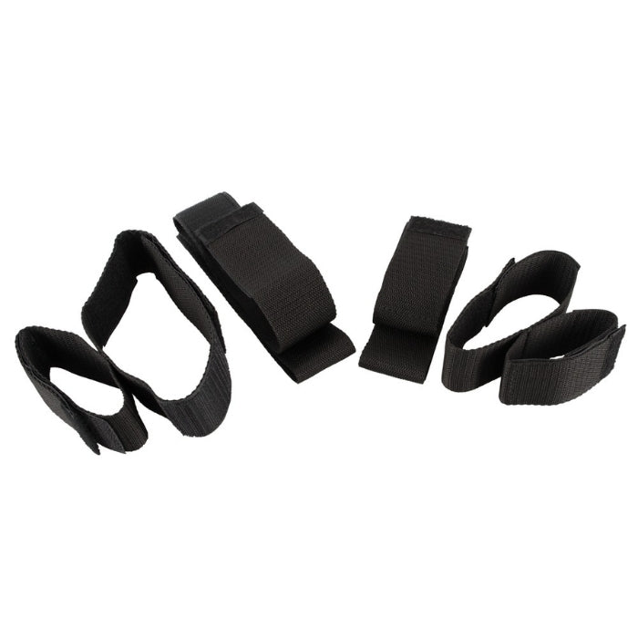 The 4-piece bondage set, includes 2 shackles each for elbows and knees as well as for wrists and ankles. The restraints are unpadded and made of robust webbing material. With the velcro fasteners the restraints fit most sizes and allow for a variety of deferent fixation options. All restraints as a double strap, 35 - 52 cm long or 26 - 33 cm long, 5 cm wide.