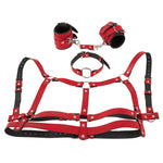 Introducing the ultimate indulgence for your BDSM desires - the 4 piece red leather-like bondage set! This set includes a collar, handcuffs, and chest harness, all crafted from high-quality leather-like material that is both durable and soft to the touch. The collar and handcuffs are adjustable to ensure a perfect fit for any body type, while the chest harness is designed to accentuate your curves and leave you feeling utterly irresistible.