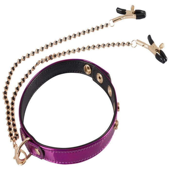 Purple adjustable collar with detachable gold chain with gold nipple clamps and black silicone tips for comfort. The nipple clamps are adjusble.