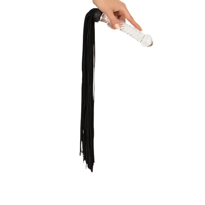 For the beginner Dom or sub looking for a light yet effective whip. The elegant glass handle adds an elegant and classy look. With soft suede threads this item gives enough pain as it gives pleasure.