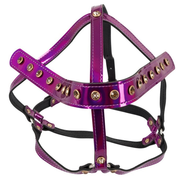 The Bad Kitty adjustable head harness in purple is a BDSM accessory designed to add an extra level of excitement to your playtime. The head harness is made of high-quality materials, with a soft, comfortable and adjustable straps that fits snugly around the head. The harness features a O-ring at the front, which can be used to attach other bondage accessories or lead your partner around. The purple color gives a sensual and seductive touch to the overall look.