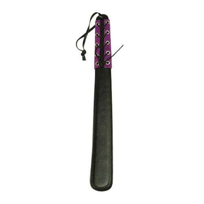 Quality made paddle with lightly padded side for beginners or gentle lovers. Handle with tie sleeve made of alluring lilac velour leather. Excellent product for any adventurous couples. The black and purple multi layered paddle delivers varying amounts of intense strokes depending on how you like it. The handle of the paddle is wrapped in suede and has delicate lacing. Total length: 42cm, 5cm wide with strap.