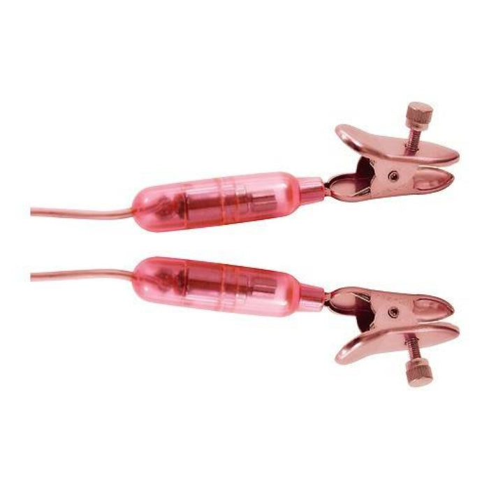 The Bad Kitty Pink Vibrating Nipple Clamps are a playful addition to your intimate playtime. These nipple clamps are adjustable for a customized fit. The clamps are attached to a small bullet vibrator that offers multiple vibration settings to enhance stimulation. The clamps are controlled by a simple push button that turns the vibrations on and off. These nipple clamps are designed to provide both pleasure and pain sensations, making them perfect for exploring your BDSM fantasies.