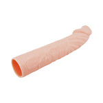 This penis sleeve extends your penis and increases your girth all the way around! Your partner will love the new you. It's lifelike material was developed to mimic the feel of the human body. It warms to body temperature and has just the right amount to give. To enjoy, simply stretch it over your erect penis, trim the base for a perfect fit.
