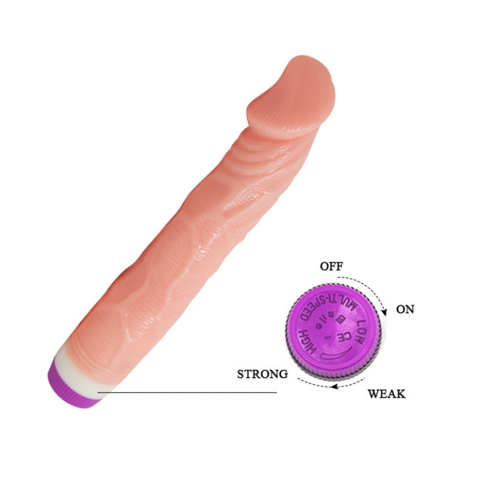 The vibe has an extra soft, silky feel and realistic form with a veined shaft and contoured head. The motor delivers a powerful vibration and the speed can be adjusted with the turn of a dial. Take 2 AA batteries (not included).