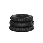 Look the part and give her what she wants with this fantastic black cock ring set. Three sizes and designs in each pack and very stretchy. Wear one at a time or all together for maximum performance. Made of silicone, which is skin-safe. High quality cock rings for powerful and long lasting erections. Size - 36mm by 9mm, 39mm by 10mm and 42mm by 10mm.