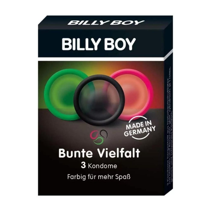 Lubricated & Teat-Ended Condoms For a playful time, Billy Boy Condoms – Colourful – 3pcs go the extra mile. Billy Boy condoms have a wall thickness of 0.1 mm and a contoured shape. The colourful condoms come with an integrated ring for a secure and firm fit. Contents of 3 pack: 1 each red, green and black condom (all smooth, cylindrical)