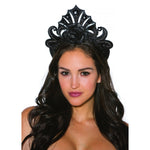 Exquisite Black Glitter Crown, a stunning accessory that will make you feel like royalty. This unique hair crown is designed with a fan-like structure, crafted to captivate attention and enhance your glamorous look. The crown is adorned with sparkling diamantes strategically placed to catch the light and create a mesmerizing effect.
