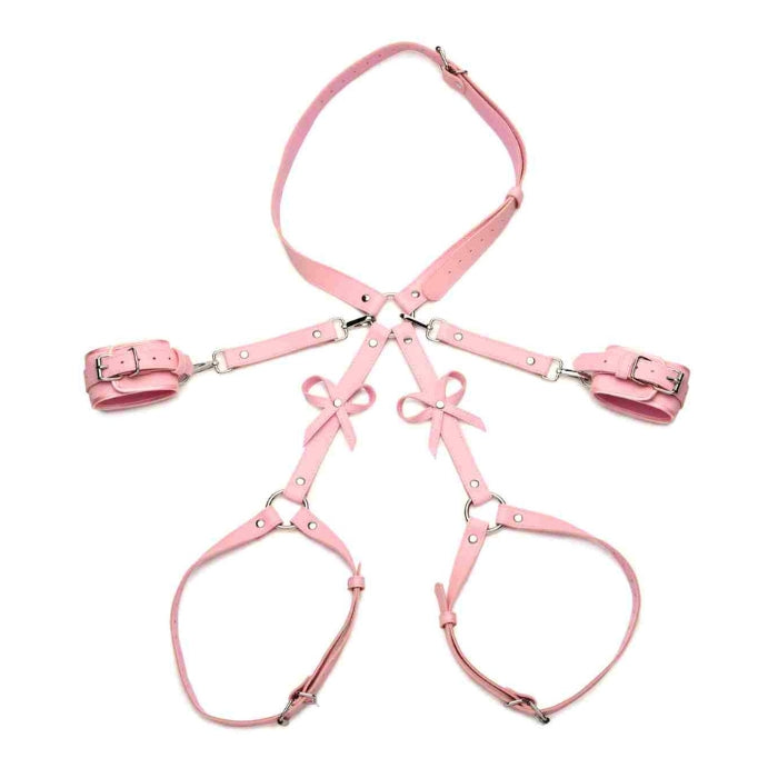 Bondage Harness with Bows Pink M/L. Adjust the buckles on the thigh straps, waist strap and wrist cuffs for a custom and comfortable fit. Measurements: waist strap adjusts from 26 inches to 42 inches circumference. Thigh straps adjust from 13 inches to 26 inches circumference. Wrist cuffs adjust from 5.75 inches to 10.25 inches circumference.