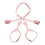 Bondage Harness with Bows Pink M/L. Adjust the buckles on the thigh straps, waist strap and wrist cuffs for a custom and comfortable fit. Measurements: waist strap adjusts from 26 inches to 42 inches circumference. Thigh straps adjust from 13 inches to 26 inches circumference. Wrist cuffs adjust from 5.75 inches to 10.25 inches circumference.