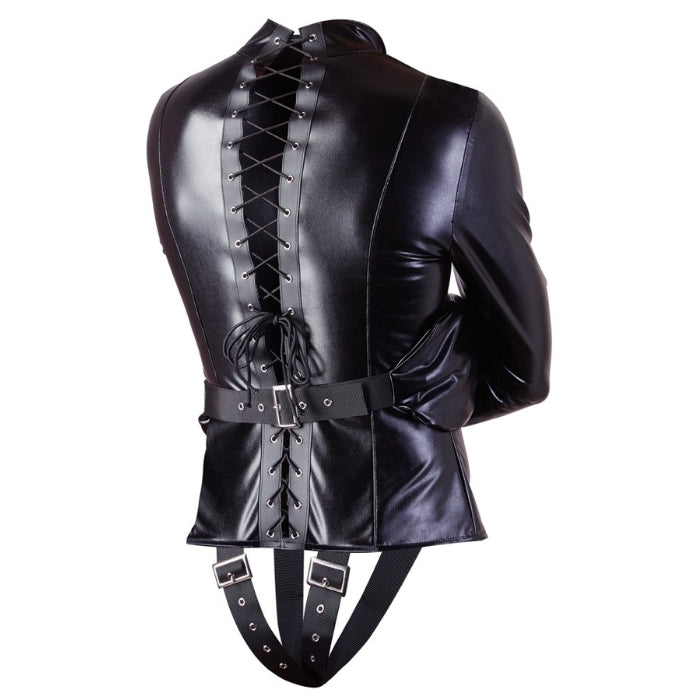 The jacket features a lace-up back that allows you to customize the fit to your specific needs and is adorned with adjustable buckles in the front, around the back, and over the buttocks