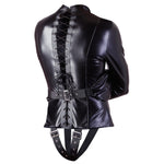 The jacket features a lace-up back that allows you to customize the fit to your specific needs and is adorned with adjustable buckles in the front, around the back, and over the buttocks