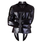 The jacket is adorned with adjustable buckles in the front, around the back, and over the buttocks, providing a comfortable and secure fit for wearers of all sizes. The straight jacket also features an O-ring by the neck, which allows you to attach accessories such as leashes or chains for added stimulation.